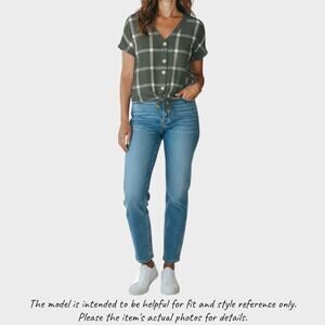 Universal Thread Green Windowpane Print Large Button Front Short Sleeve Top